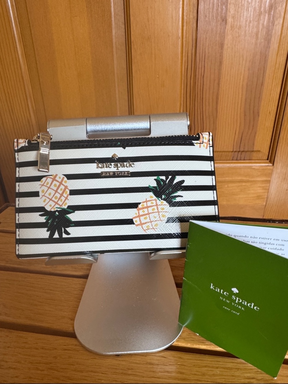 Kate Spade Black & White Striped Pineapple Wallet with Green Accent